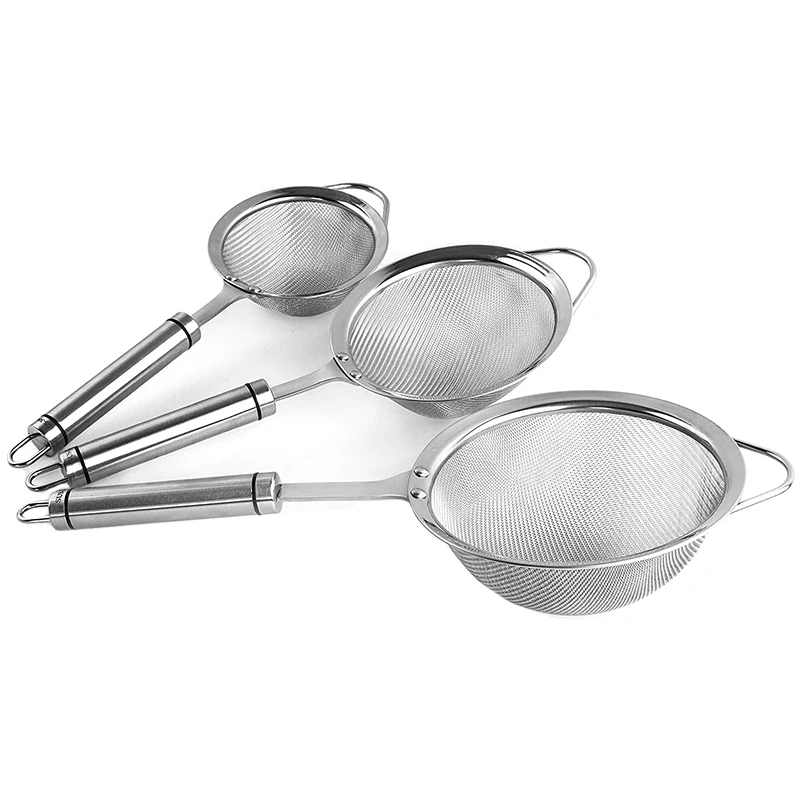 

New KITCHEN STAINLESS STEEL SET 3-PIECE with SUPPORT and HOOKS Fine Sieve Set Dishwasher Suitable Strainer Kitchen