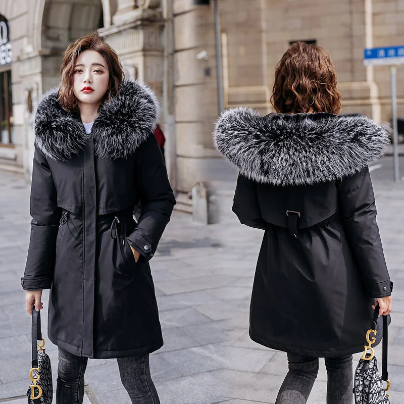 

Winter Women fleece inside parkas plus size thick warm mid-Long Hooded parkas Jackets fur inside female slim padding parkas