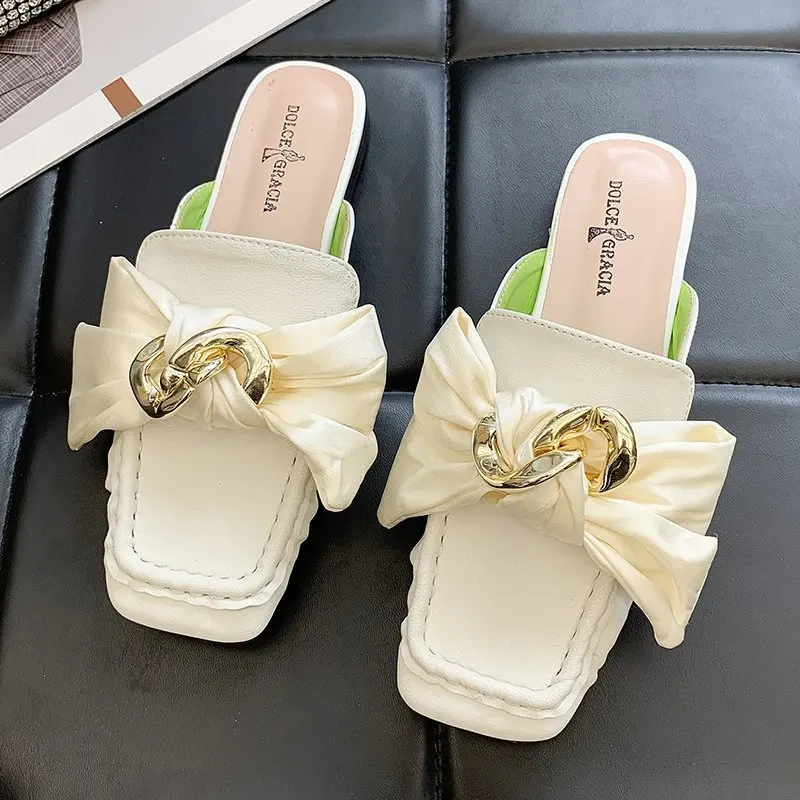 

Slippers Casual Shoes Slides Cover Toe Butterfly-Knot Mules For Women 2021 Pantofle Luxury Flat New Butterfly-knot Basic Rubber