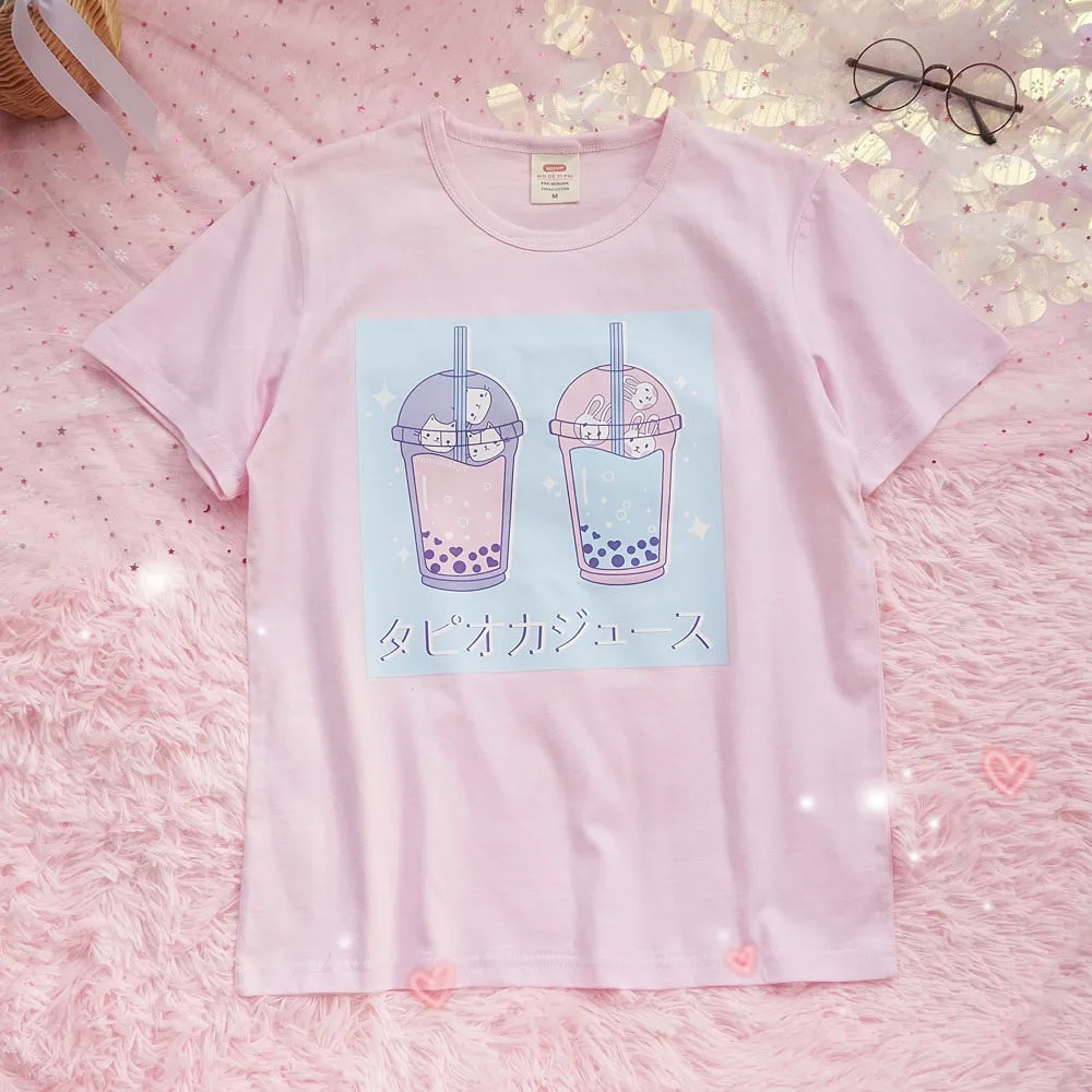 

Summer Small Fresh Students Pink Milk Tea Print Short Sleeve T-shirt Tee Kawaii Harajuku Soft Girl Ulzzang Women's Loose Tops