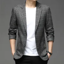 Blazer informal de negocios para hombre, Chaqueta de traje a cuadros de marca de calidad, chaqueta ajustada de un solo pecho, abrigos, novedad de 2021 (3)