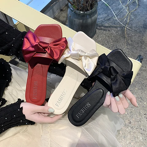 

Shoes Women Slippers Flat Butterfly-Knot Slides Fashion Pantofle Soft Luxury 2021 Summer PU Rome Basic Rubber Butterfly-knot