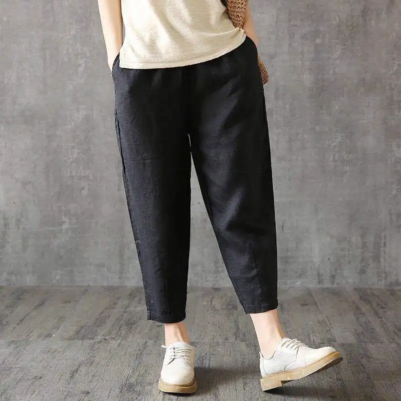 Chinese Style Cotton Pants Summer Ankle-length Women's Loose Casual Femal Trousers Harem Elastic Waist Solid | Женская одежда