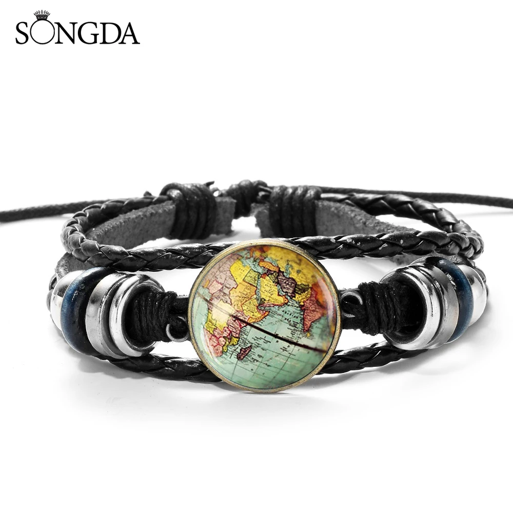 

Vintage Globe Charms Bracelet Planet World Earth Map Glass Photo Woven Bead Multilayer Leather Bracelet Travel Wristband