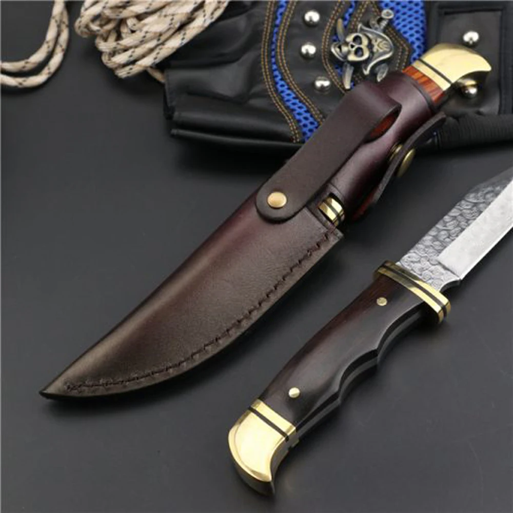 

High End 75th Anniversary Wild Survival Fixed Blade Knife Outdoor Camping Damascus Blade Wood Handle Knives EDC Tool