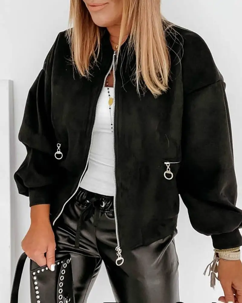 

Women Elegant Solid Lantern Long Sleeve Coats Jackets Autumn Casual Zipper Pocket Tops Ladies Sexy Stand Neck Cardigan Outerwear