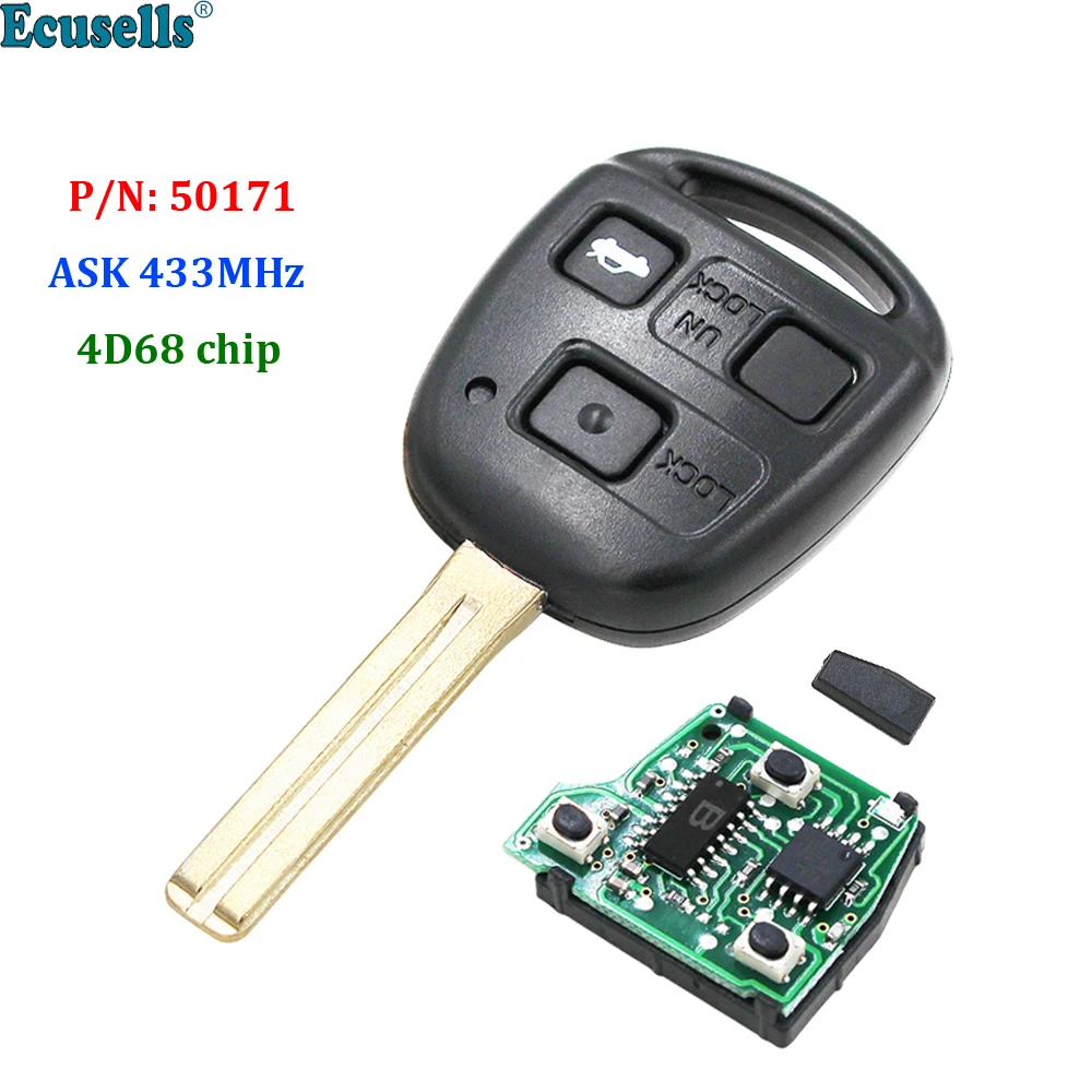 Llave de coche remota con 3 botones, mando a distancia, Chip ASK 433MHz 4D68 para Lexus FCC ID: 50171 TOY48 sin cortar