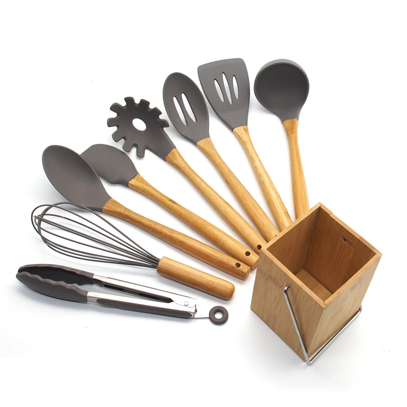 9 - Pcs kitchen set 8 шт силиконовые инструменты для приготовления пищи набор кухонной утвари антипригарная Лопата с деревянной ручкой с ящиком для хранения кухонные инструменты лучший подарок - Цвет: 9 - Pcs kitchen set