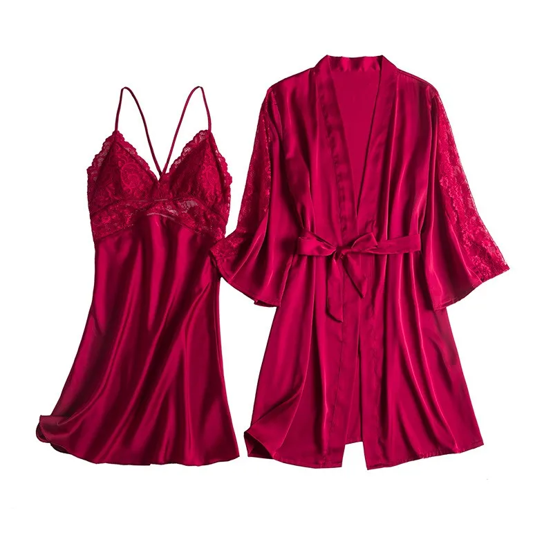 

Satin Kimono Robe Gown Sexy Female Sleepwear 2PCS Nighty&Bathrobe Suit Silky Nightdress Intimate Lingerie Lace Home Clothes