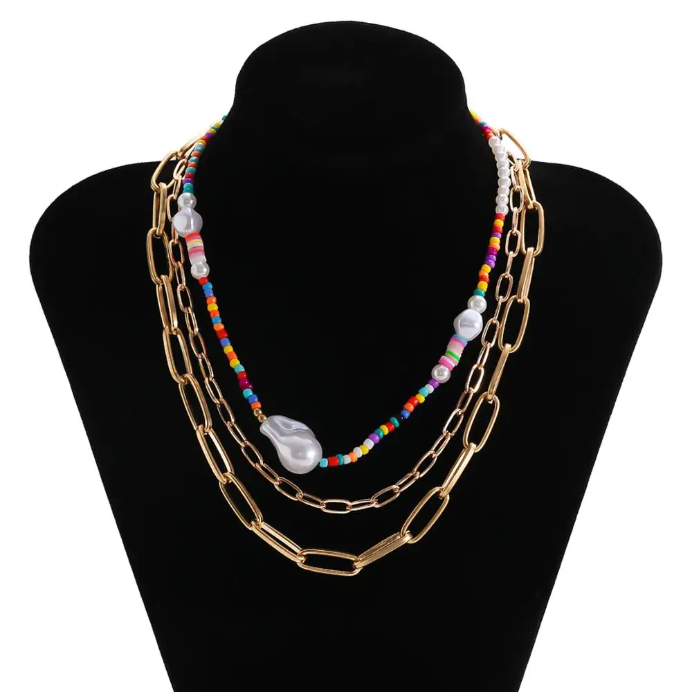 

IngeSight.Z 3Pcs/Set Multi Layered Imitation Pearl Chain Choker Necklace Rainbow Seed Beaded Curb Miami Cuban Necklaces Jewelry