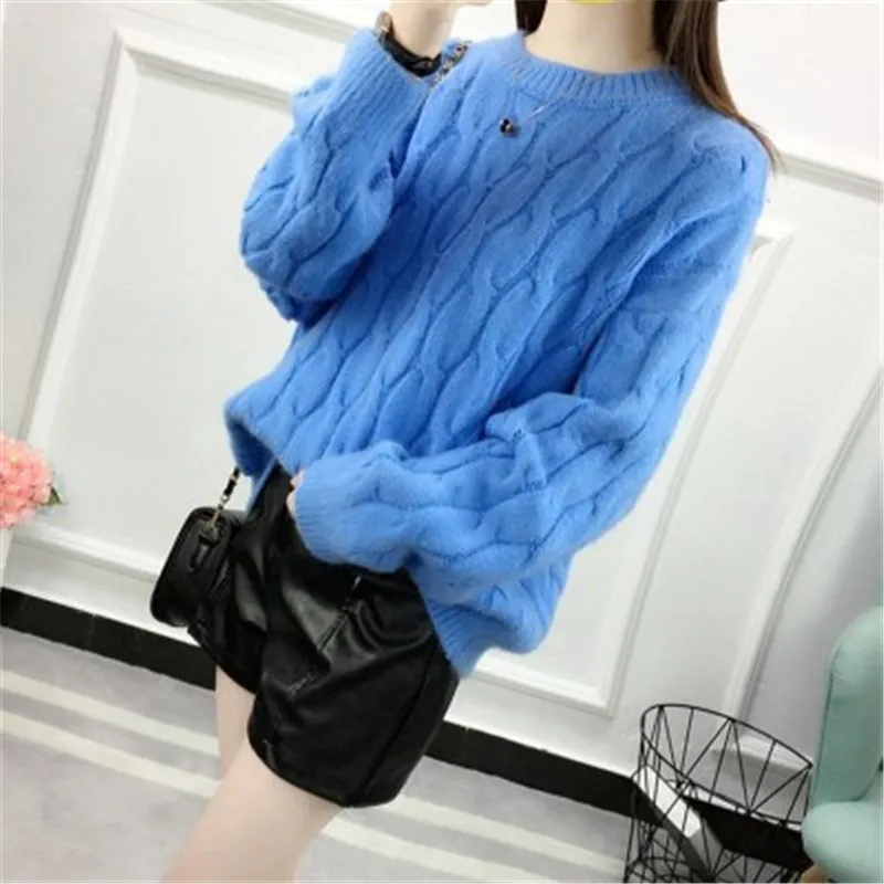 Blue O-Neck Twisted Sweater Women 2020 Autumn Winter Fashion Long Sleeve Cashmere Pullovers Female Knitted Jumper Tops PZ2530 | Женская