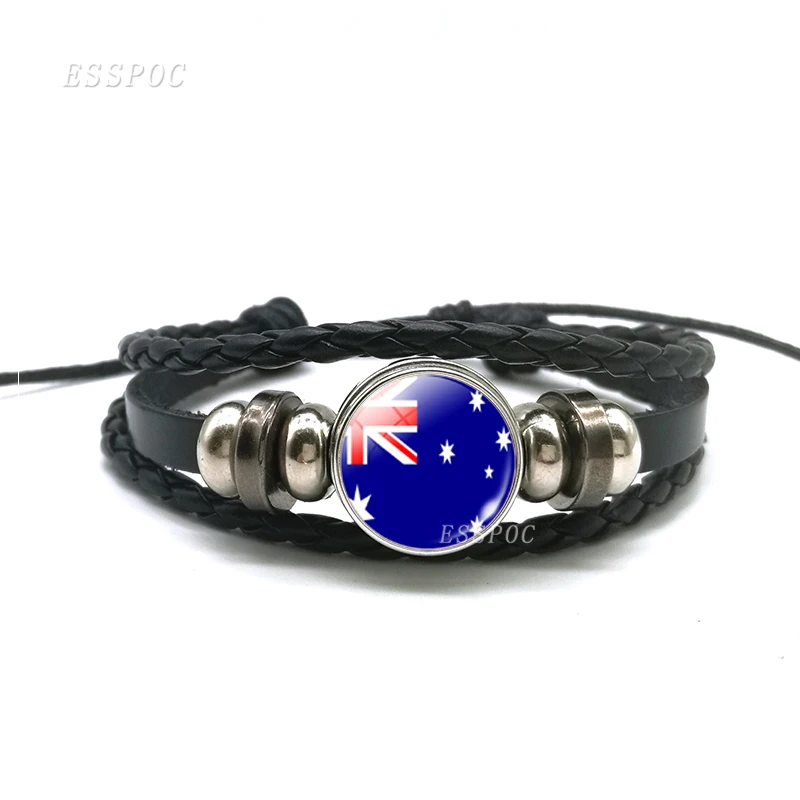 Australia Национальные флаги, Испания, Турция, США, очаровательный черный браслет на кнопке, Кожаные плетеные веревки, в стиле панк, для женщин и мужчин, подарок - Окраска металла: Australia
