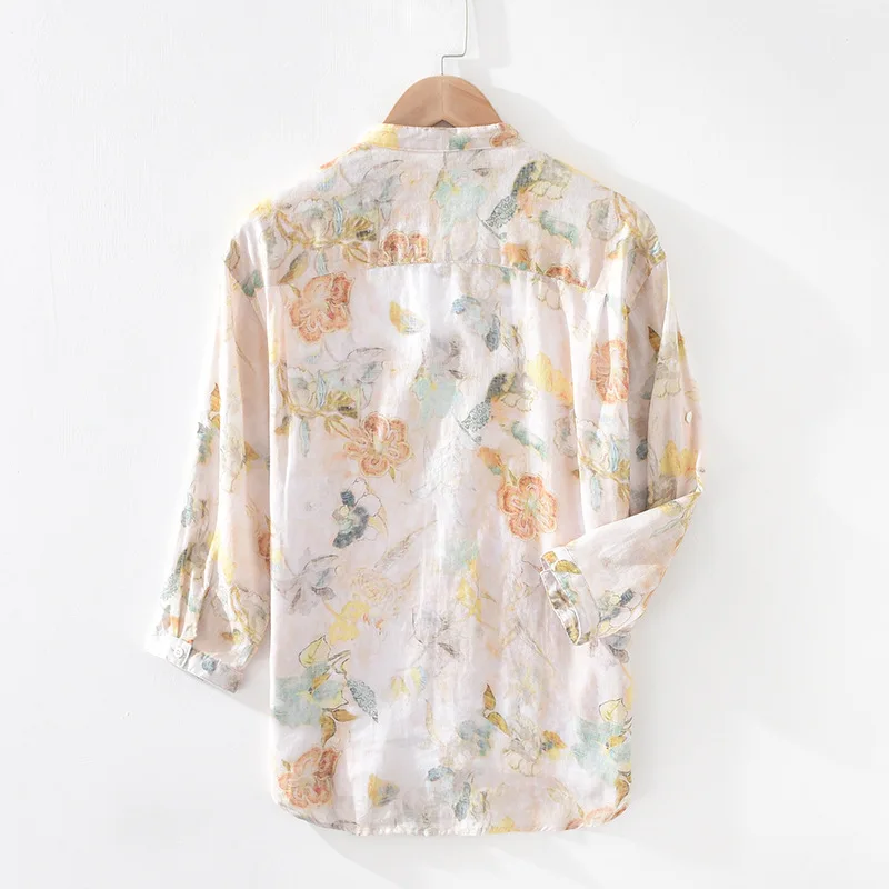 

Men Clothing 2021 Fashion Printed Linen Three-quarter Sleeve Shirt Youth Hong Kong Style Stand Collar Half Sleeve Linen Shirt