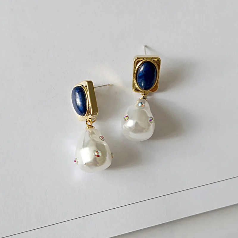 

ALLNEWME Retro Irregular Baroque Pearl Drop Dangle Earrings Navy Blue Rhinestones Freshwater Pearls Hanging Earrings for Women