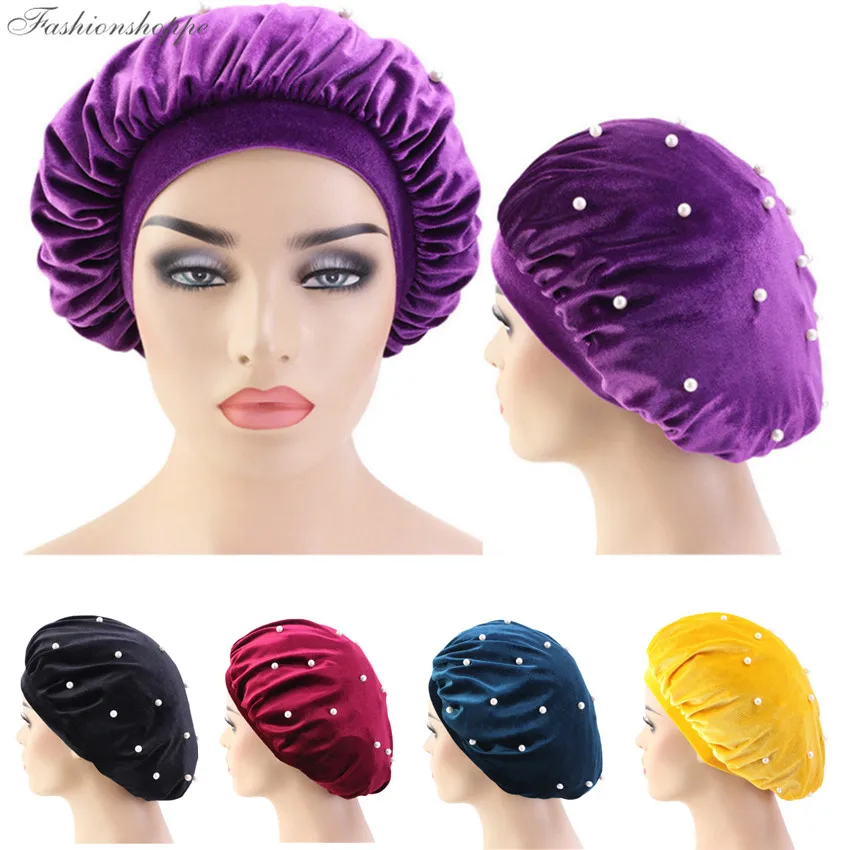 Новая бархатная Шапка-тюрбан с бусинами эластичная широкая шапка для сна зимняя