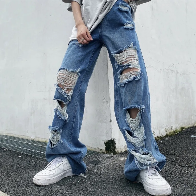 

New ladies beggar ripped jeans ins street fashion trendy drag pants high waist slimming plus size loose straight trousers