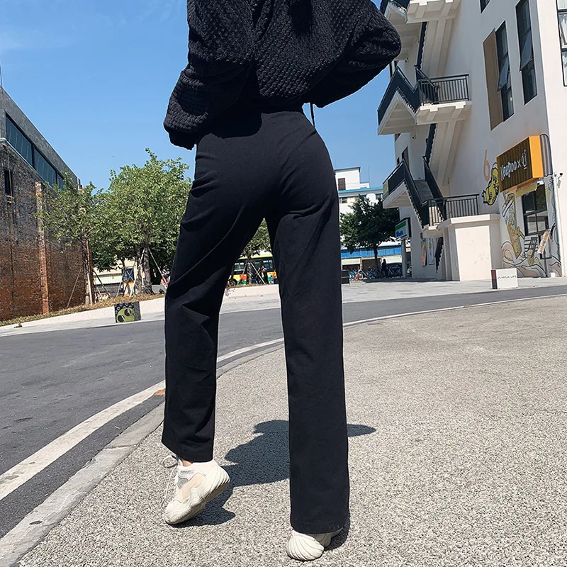 Готические черные женские свободные прямые брюки с высокой талией и вышитыми