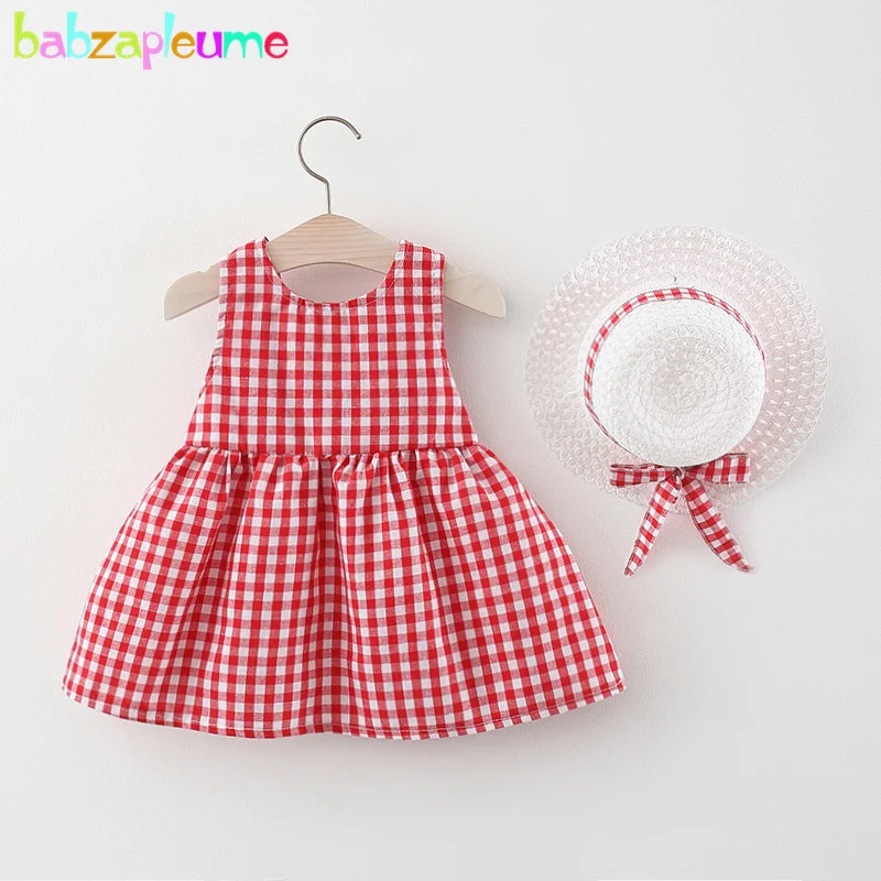 

Summer Newborn Baby Girl Clothes Set Korean Cute Plaid Flowers Dots Sleeveless Cotton Beach Dress+Sunhat Toddler Dresses 2124-1