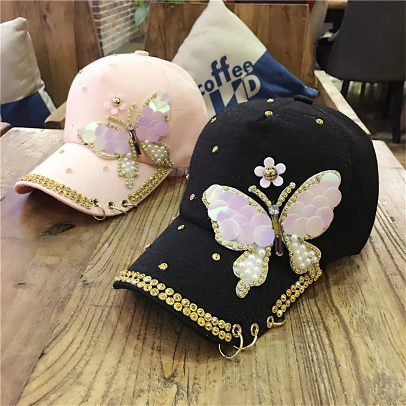 Summer Tourist Hat Plain Cotton Women Metal Baseball Cap Snapback Hip Hop Caps Casual Pearl Butterfly Sequins Baseball Caps Hats