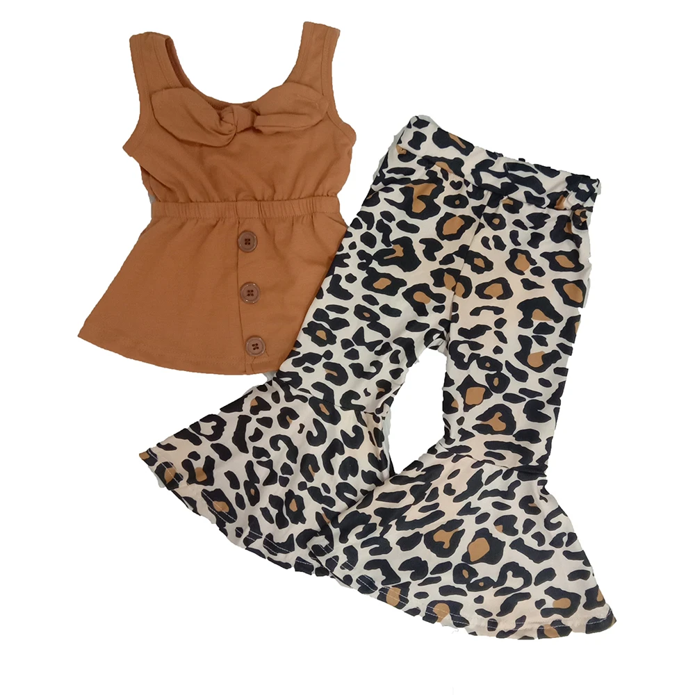 

Childrens Girl Summer Clothing Soft Brown Color Cotton Sleeveless Top With Leopard Long Pants Boutique Fall Set