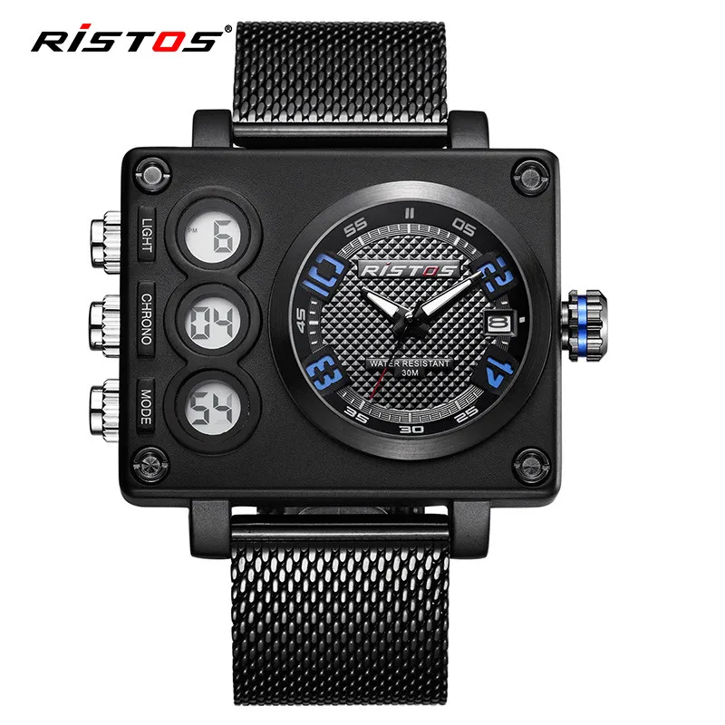 Blue RISTOS, Топ бренд, повседневные многофункциональные мужские спортивные часы с хронографом, Цифровые мужские наручные часы, Relojes Masculino Hombre 9362 - Цвет: Blue