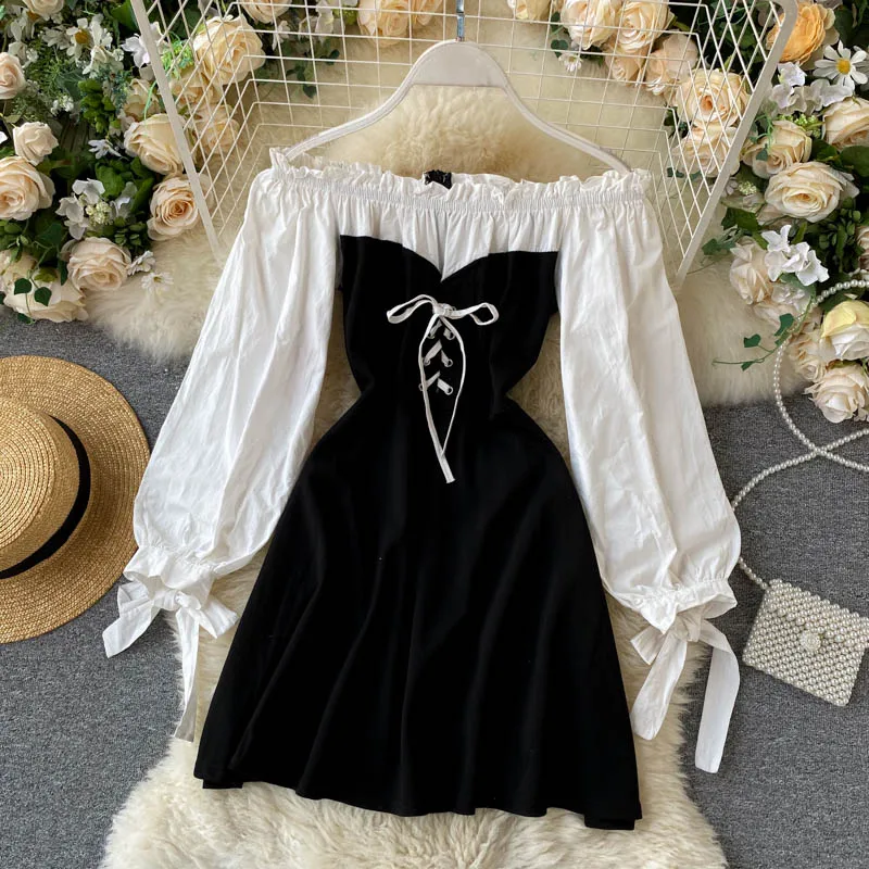 Французское ретро платье с открытыми плечами бело черные платья контрастных