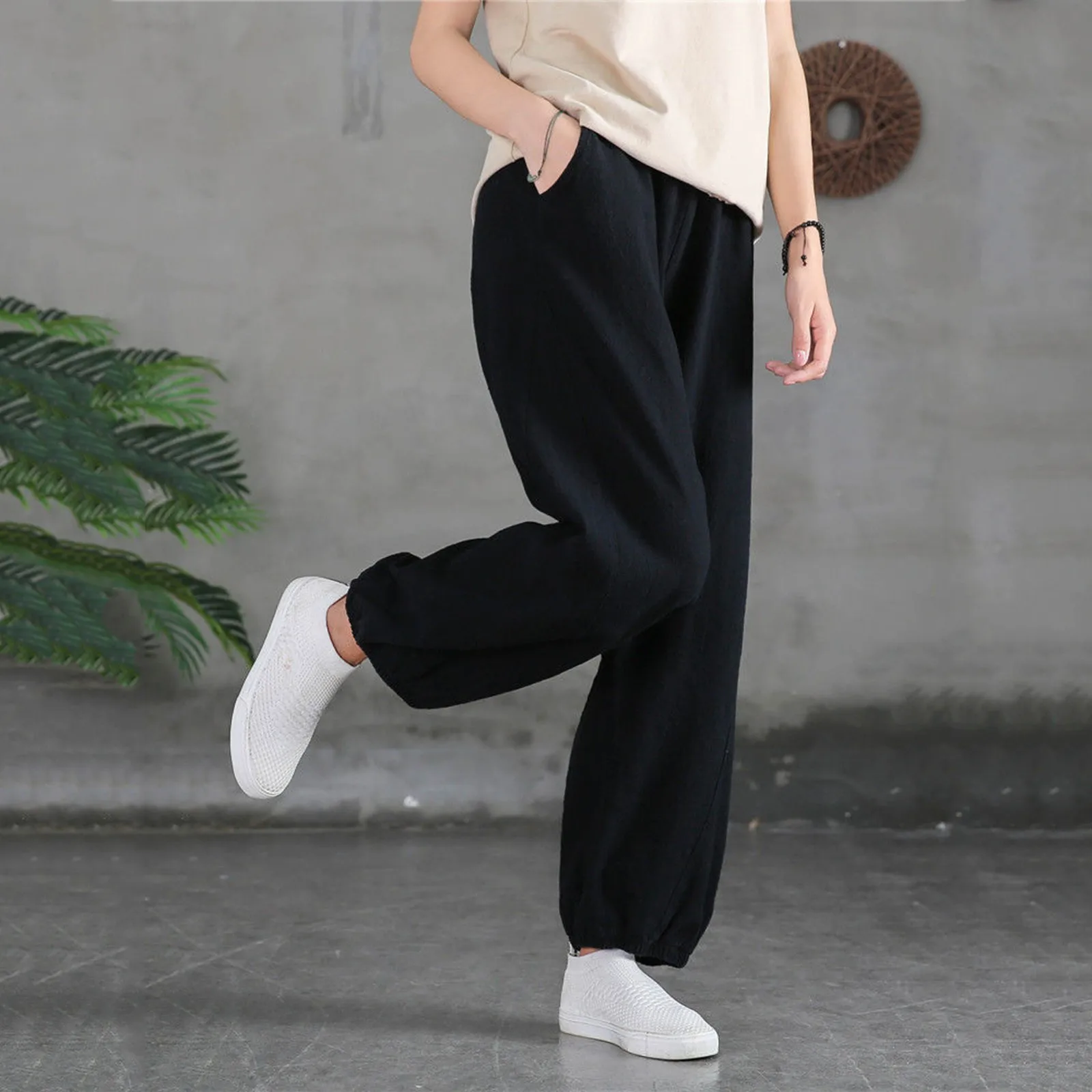 

New Casual Womens Pants Cotton Linen Pocket Elastic Waist Loose Trousers Bloomers Pants Daily Simple Comfy Pants Dropshipping