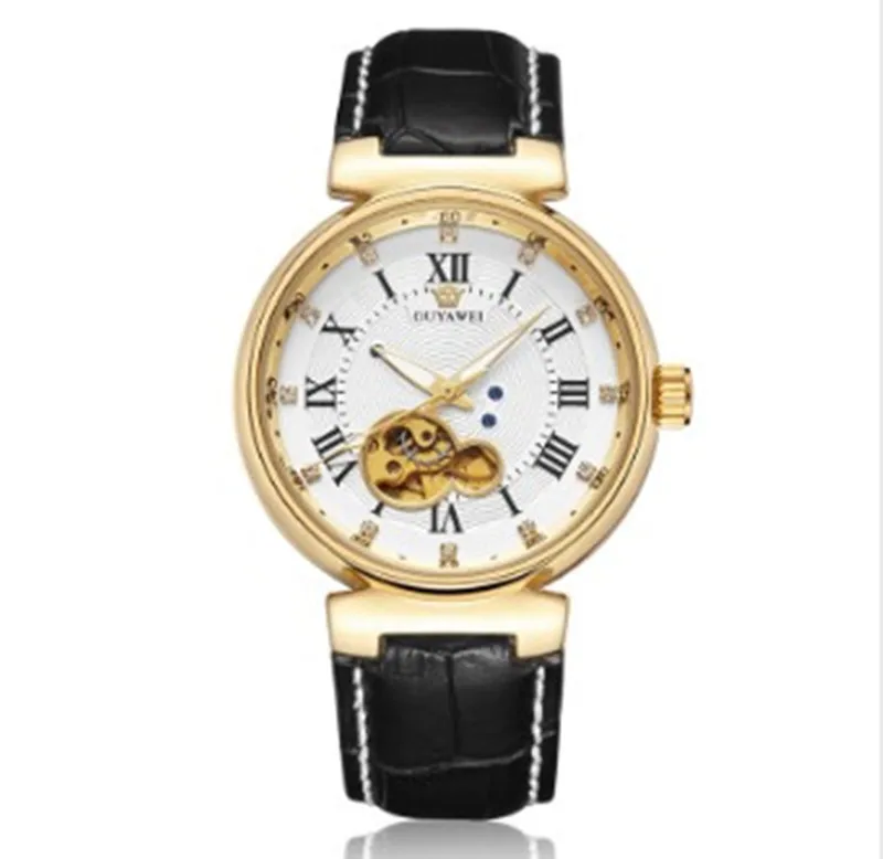 Модные мужские часы OUYAWEI с кожаным ремешком автоматические механические