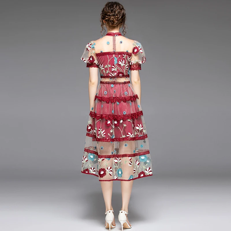 

Mesh layer Dress Women's summer see throught Charming Embroidery Party Floral Print Bohemia Casual Runway Dresses