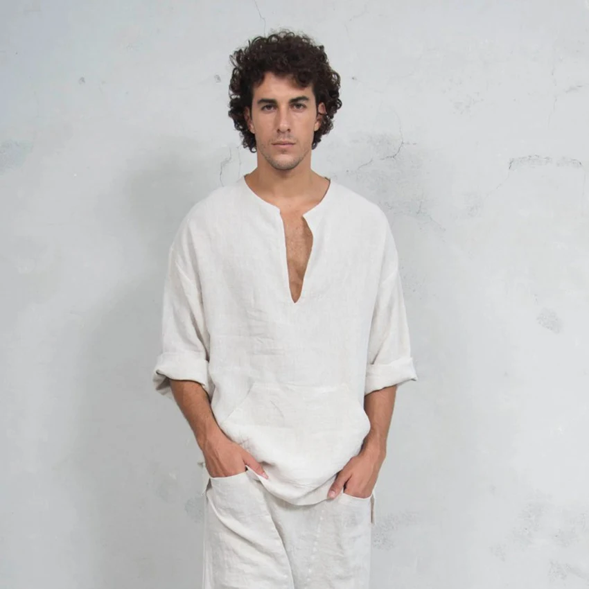 White t-shirt Египетская Саудовская Арабская мужская летняя льняная футболка средневековый Викинг пират рейнджер Косплей костюмы среднего возраста свободные топы с длинным рукавом Туника - Цвет: White t-shirt