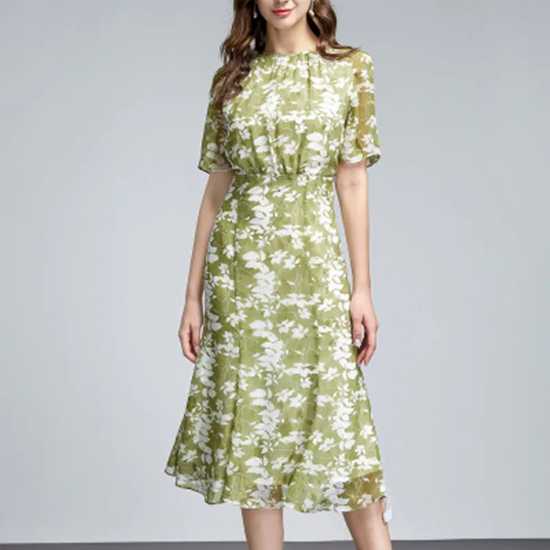 Женское шифоновое платье с высокой талией Элегантное повседневное круглым