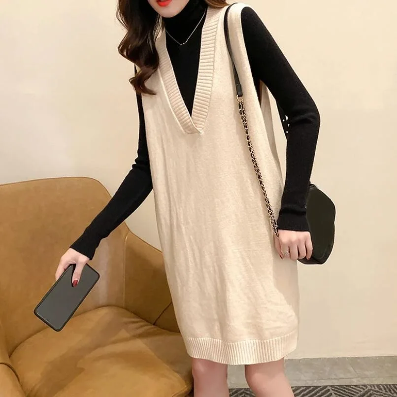 Осенне-зимнее вязаное платье-свитер без рукавов женское платье-жилет Женский