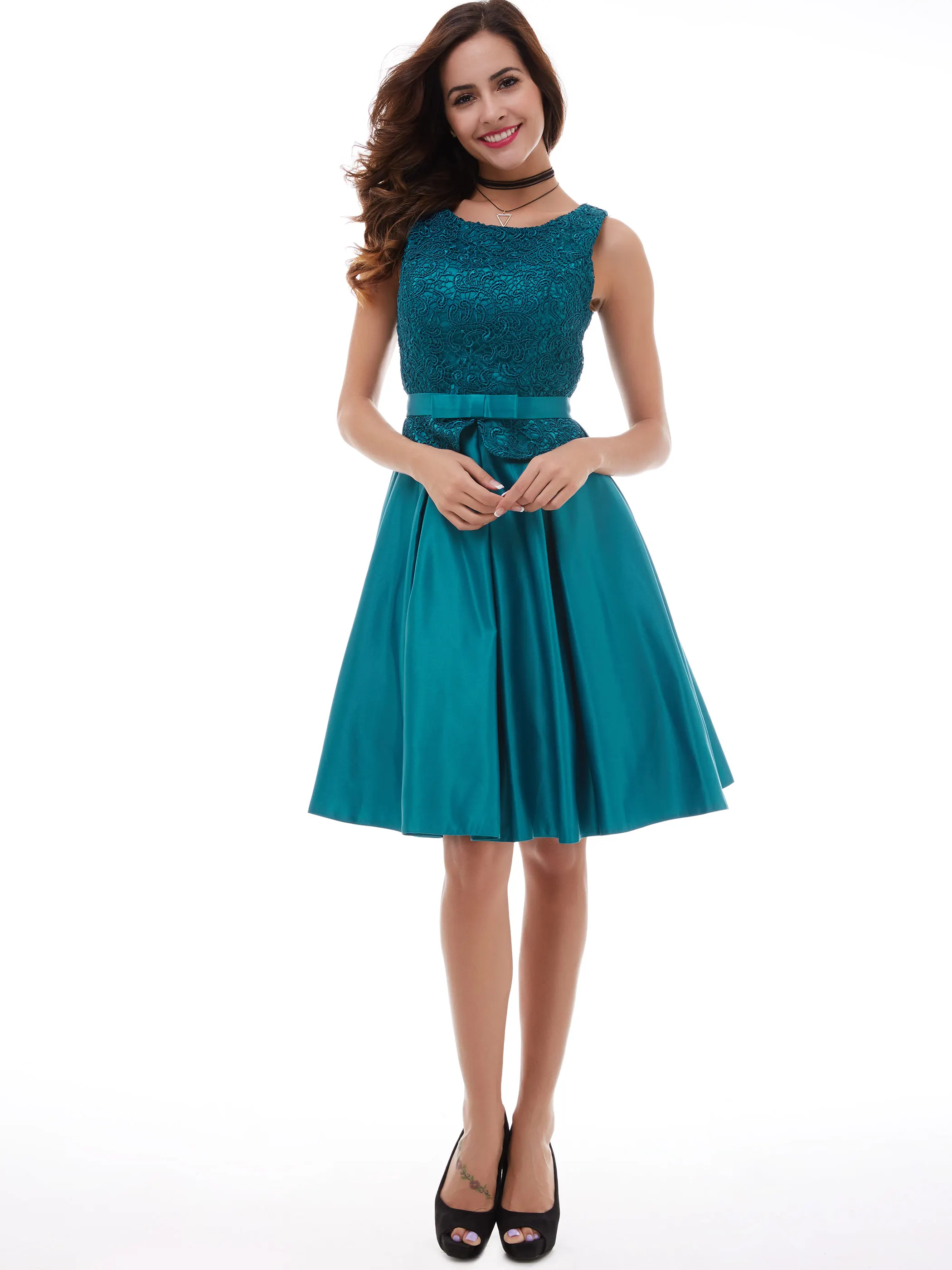 

Women Summer Blue Dress Sexy Black Lace Scoop Sleeveless A-line Dress Cheap Zipper Up Cocktail Party Graduation Short Dresses