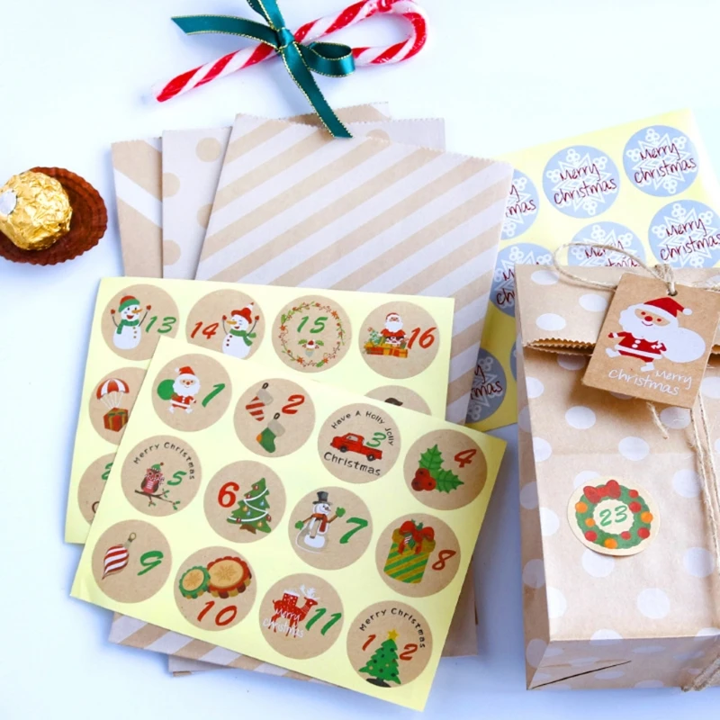 

24 Sets Christmas Paper Bags with Stickers Tags Rope Xmas Gift Packaging Pouch 57BB