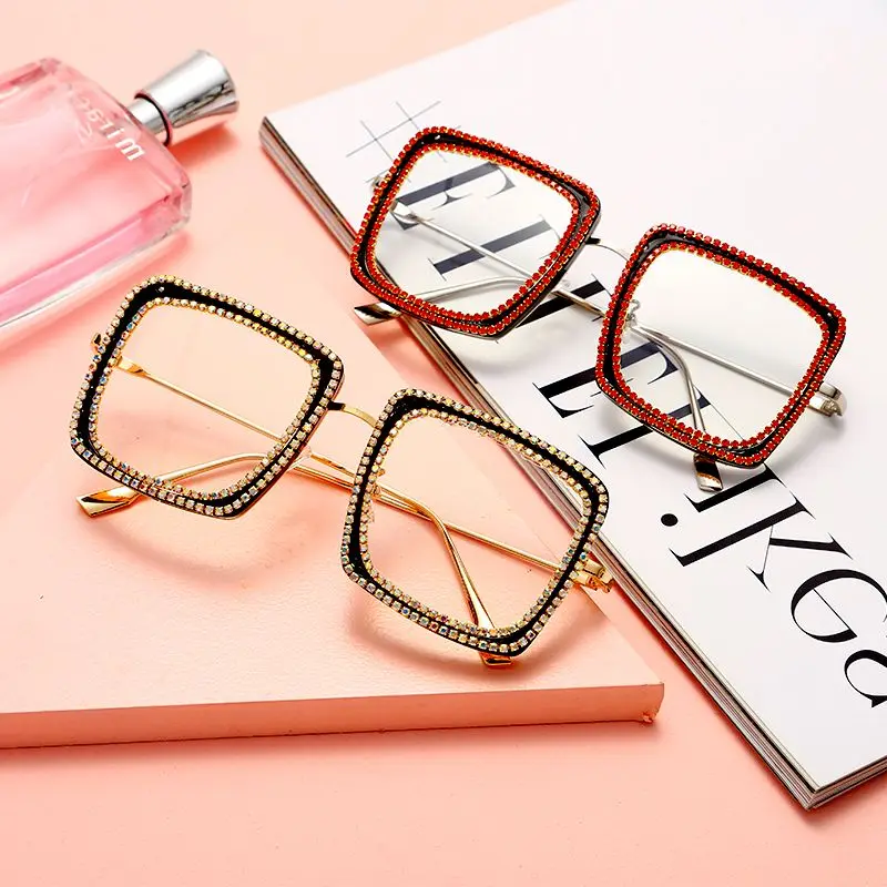 

Diamond Square Sunglasses Women 2021 New Brand Vintage Rhinestone Eyeglasses For Men Eyewear Clear Lens Glasses Frames UV400