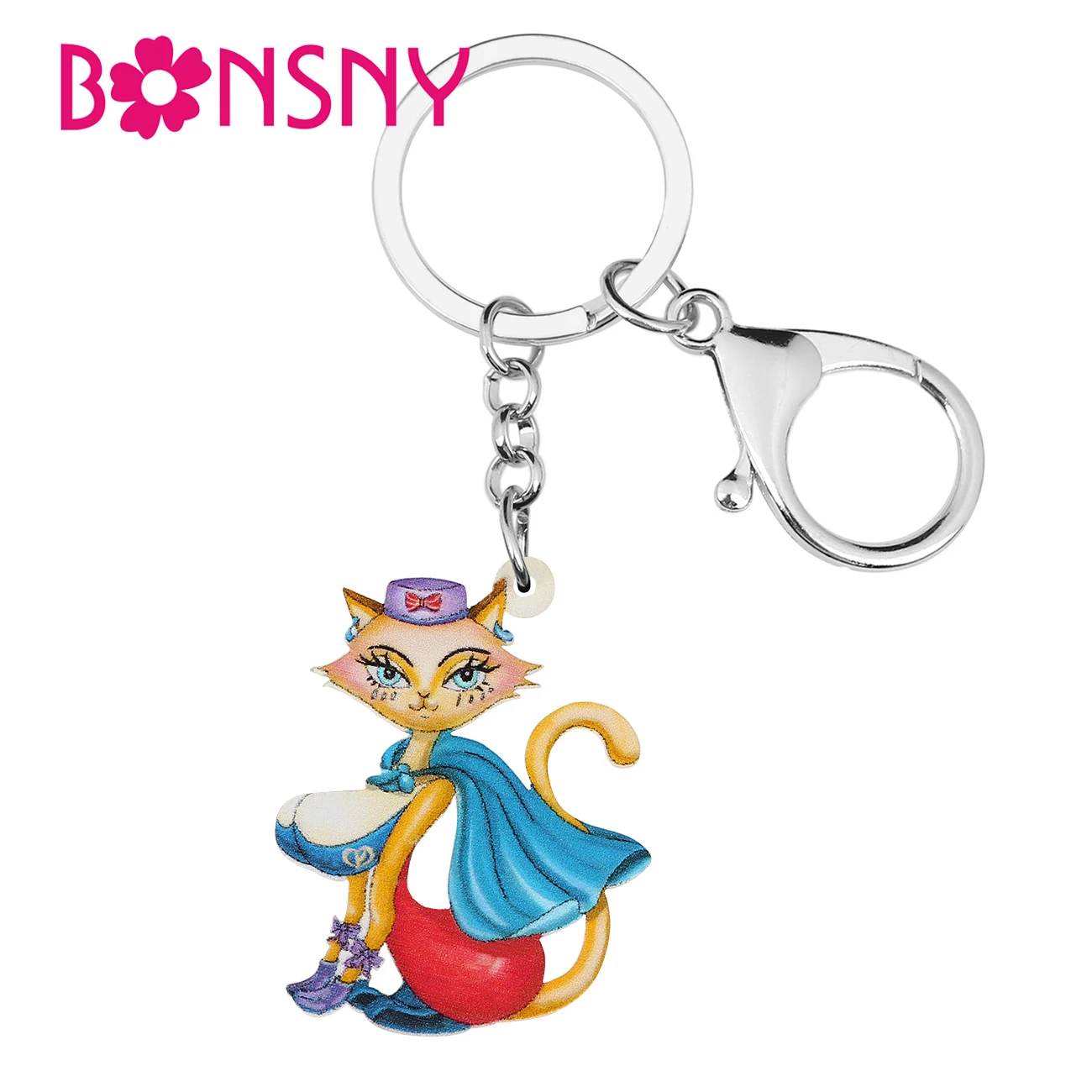 

BONSNY Acrylic Elegant Blue Cloak Cat Lady Kitten Keychains Ring Fashion Purse Key Chain Jewelry For Women Girls Teens Gifts