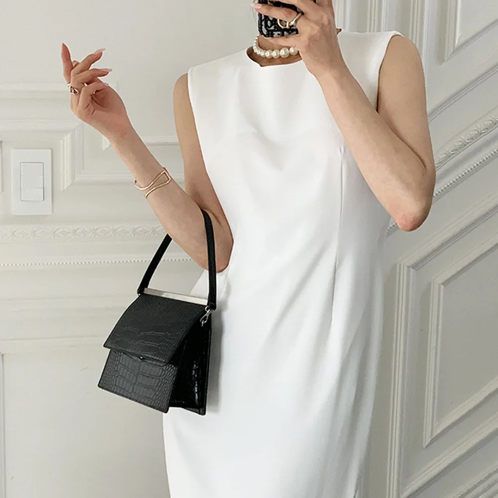 

2021 Summer New Simplicity Mermaid Korean Fashion Solid Color Temperament Elegant Round Neck Sleeveless Casual