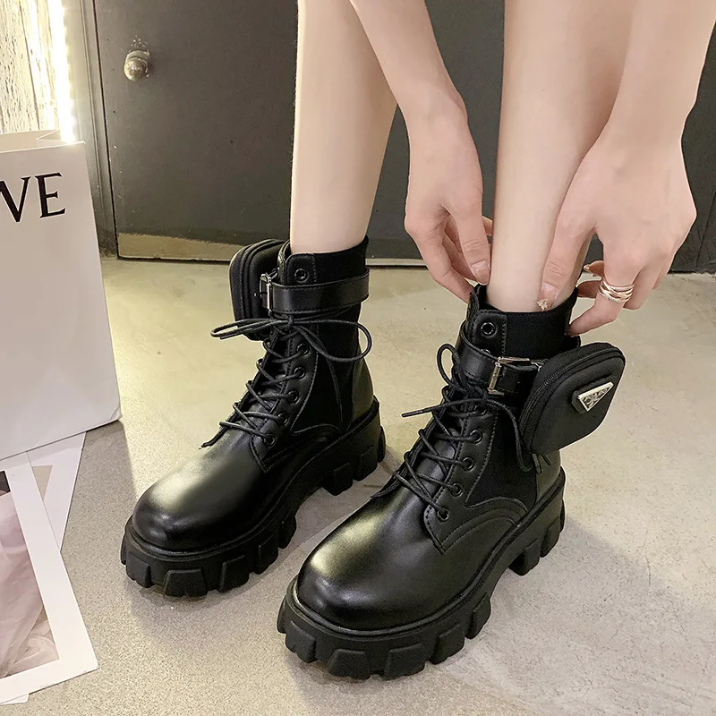 

2021 New Black Platform Combat Ankle Boots for Women Lace Up Buckle Strap Woman Shoes Winter Biker Boots Boots for Women