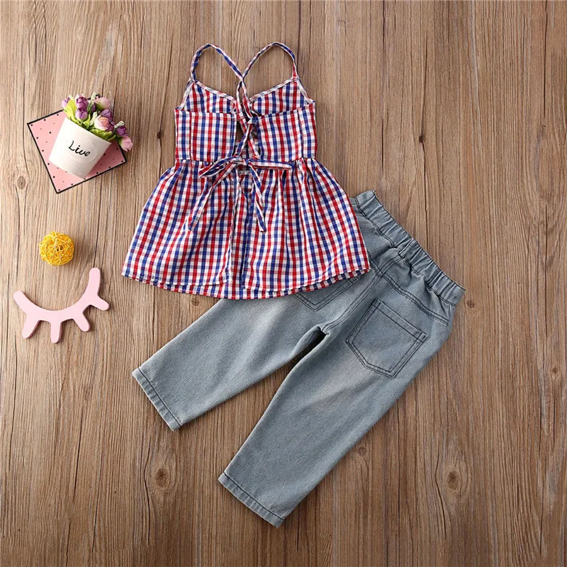 2 шт. клетчатая рубашка и джинсовые брюки для девочек с открытой спиной|Комплекты