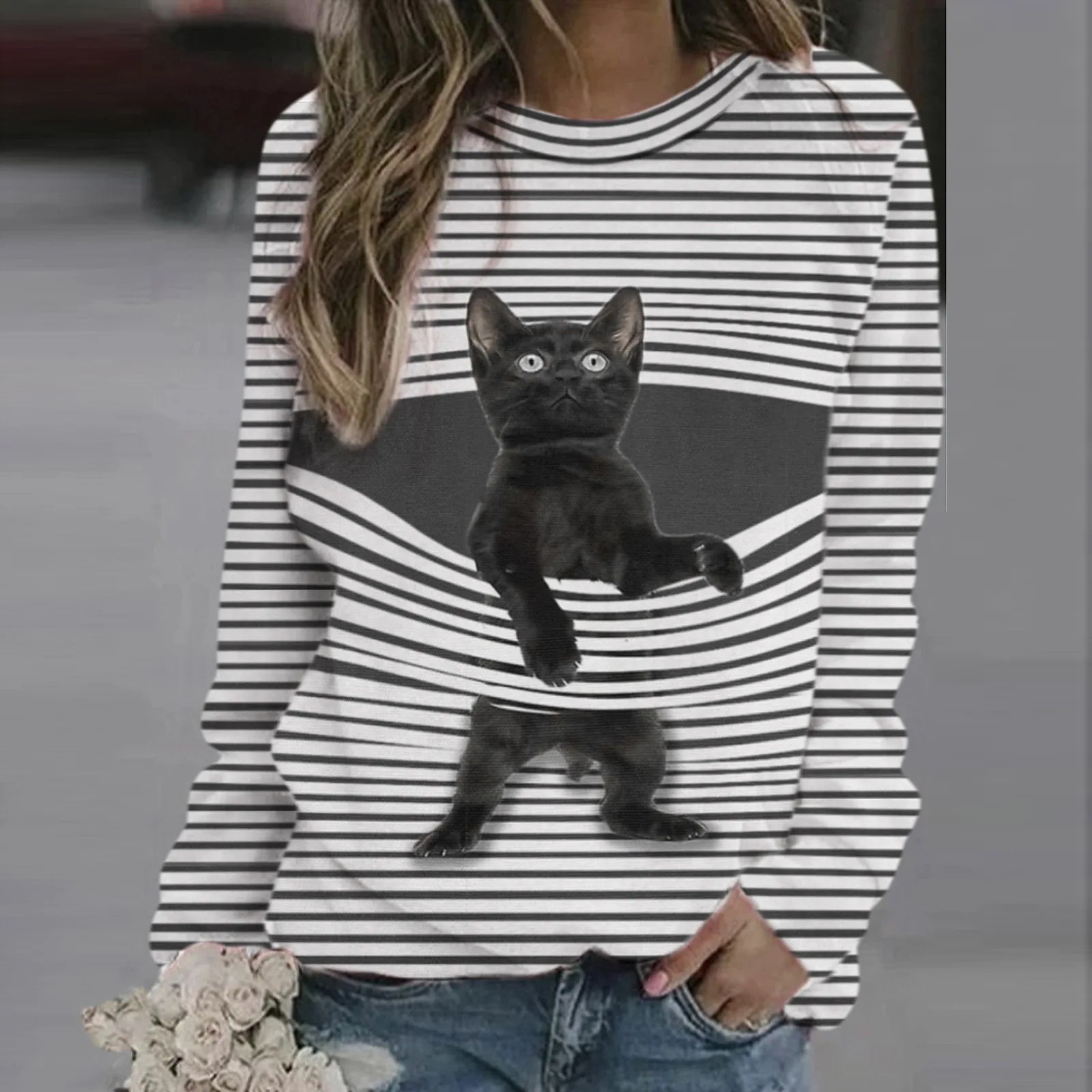 Womens Casual Crewneck Cartoon Cat Striped Loose Soft Long Sleeve Pullover Tops Las Mujeres Sweetshirts Спортивный Костюм Женск