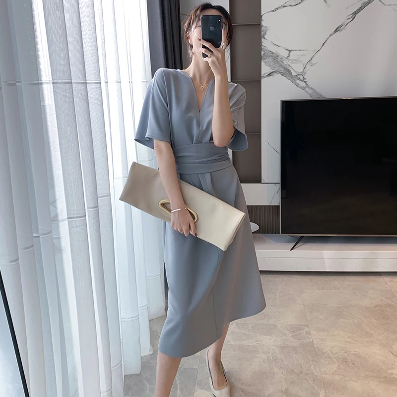 

Elegant Office Women's White Dress 2021 Summer Pure Color V-Neck Short Sleeve Vintage Black Tie Dress Female Vestidos