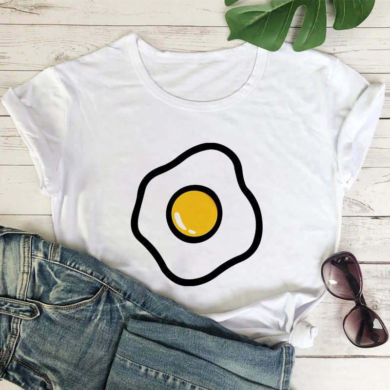 

Summer T-shirt White Short Sleeve T shirt Simple T-shirt Cute Girls Tshirt Fried egggraphics print Tshirt Fun Cartoon T-shirt