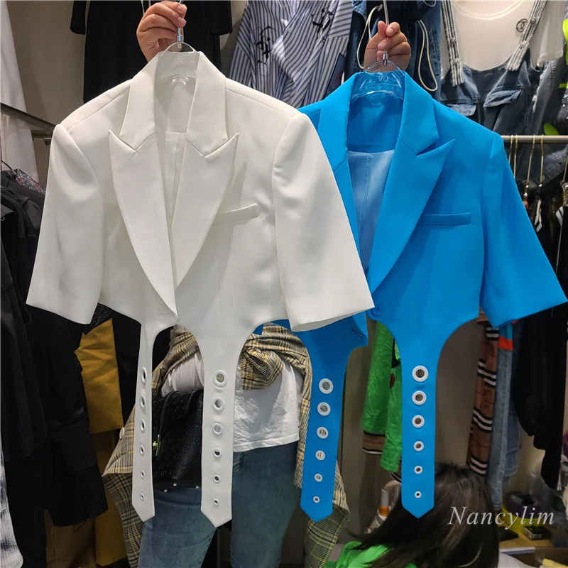 

Harajuku Cropped Balzer Women 2021 Spring Summer New Korean Style Short Ring Backless Small Suit Jacket White Blus Female Cloth