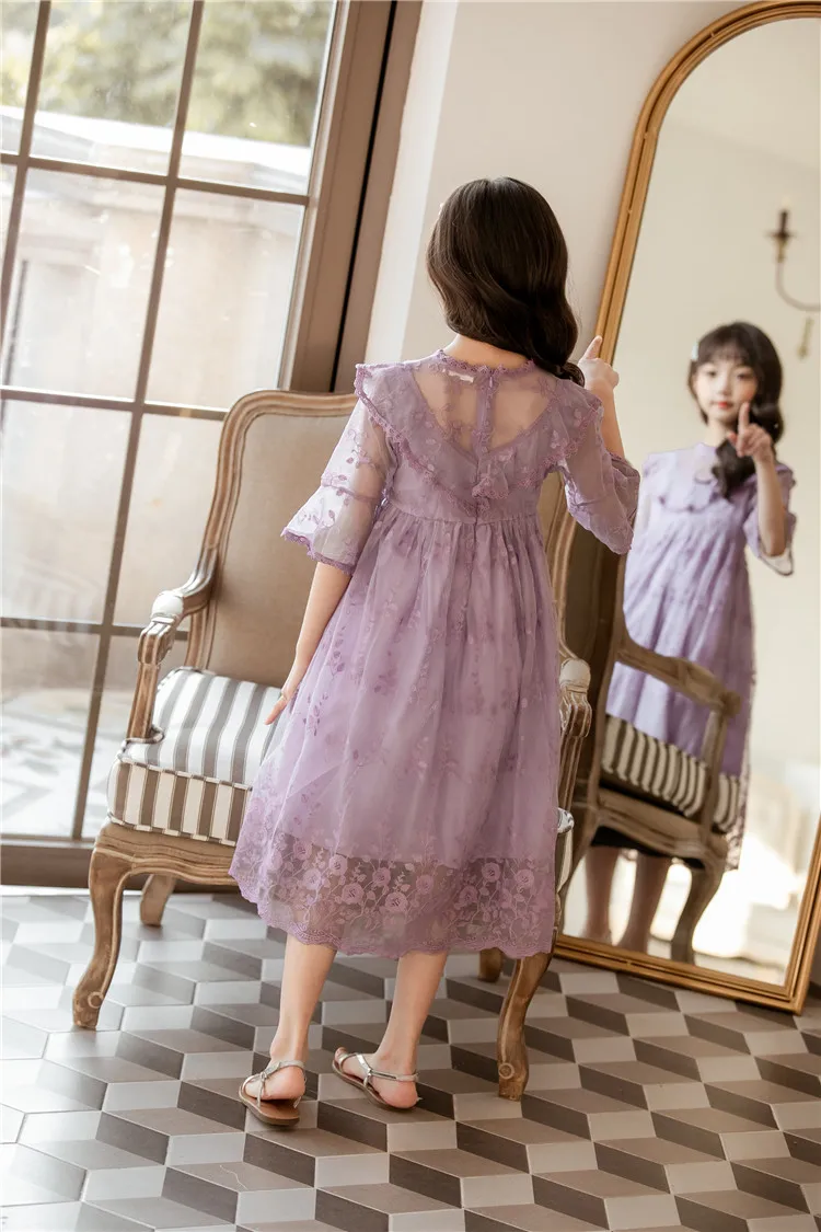 Princess Purple Lace Long Dress for Big Girl New 2020 Summer INS Girls Clothing 4 6 8 10 12 14 years white party dress o school | Детская