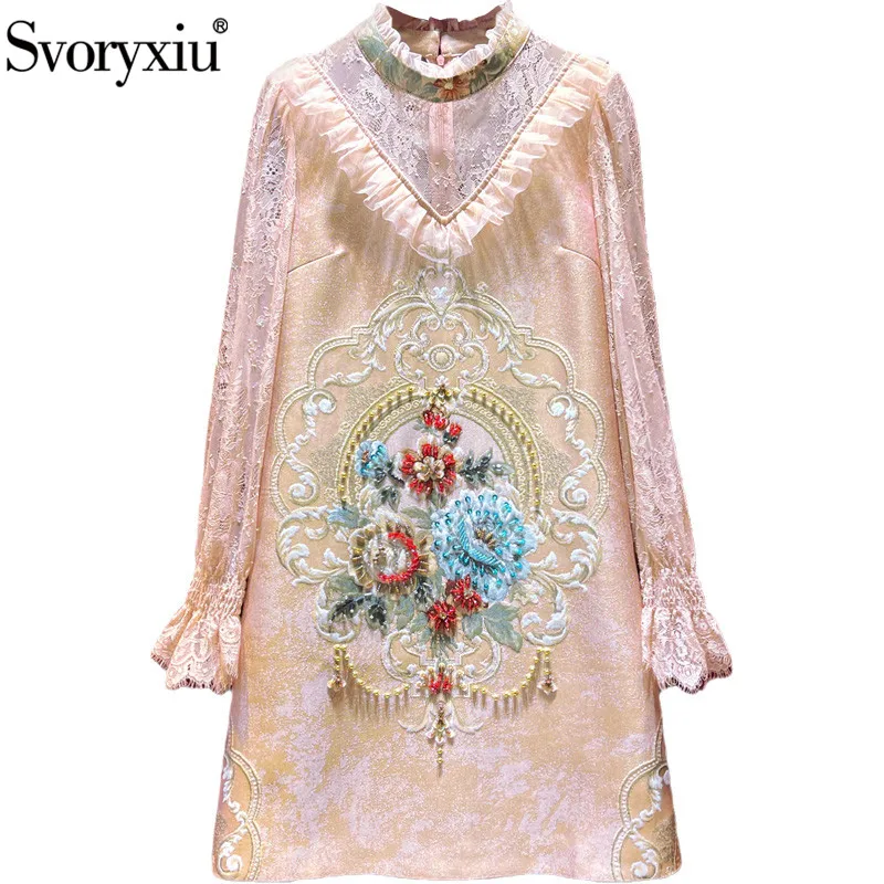 

Svoryxiu 2021 New Women's Summer Runway Vintage Jacquard Dress Long Sleeve Pink Lace Ruffles Beaded High-End Mini Dresses