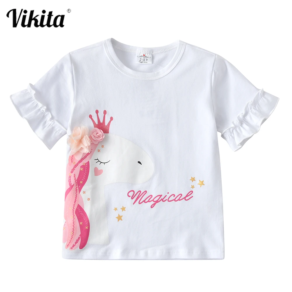 

VIKITA Unicorn Girls T-Shirt Toddlers Short Sleeve Tees Tops Kids Cartoon Printing Clothes Children Cotton T Shirt Casual Wear