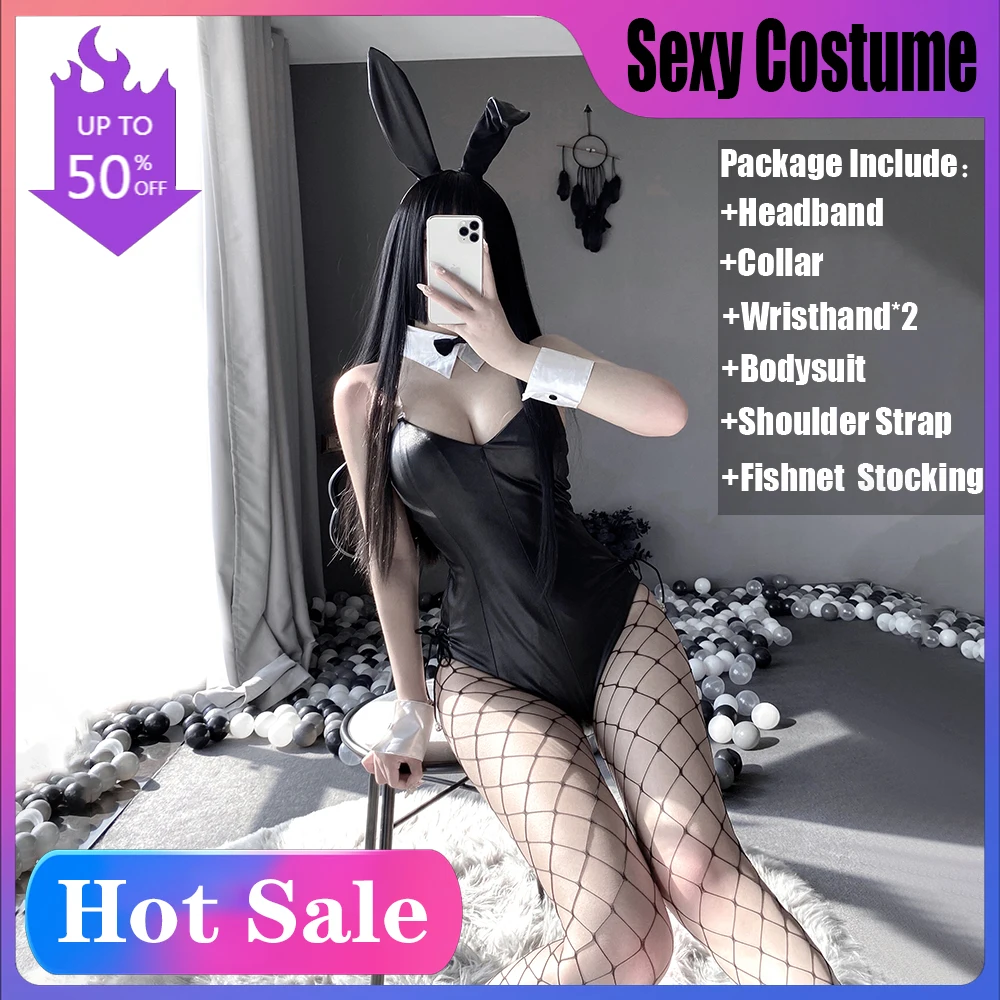 

Kawaii Cosplay Bunny Costume Sexy Cute Bunny Girl Faux Leather Material Rabbit Woman Set Good Quality Can Wear Out To Comic Show