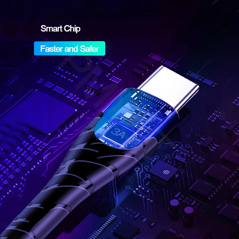 3,0 USB кабель, светодиодный, с нейлоновой оплеткой, 3 А, быстрая зарядка для iPhone 11, samsung, huawei, мобильного телефона, Micro usb type C, 1 м, провод для быстрой зарядки
