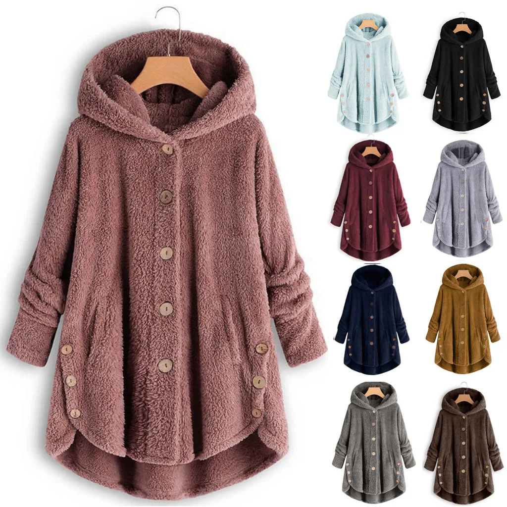

Winter Fur Jacket Button Plush Fashion Fur Coat Women Plush Warm Coat Female Thick Long Hooded Large Size Winter Coat #916