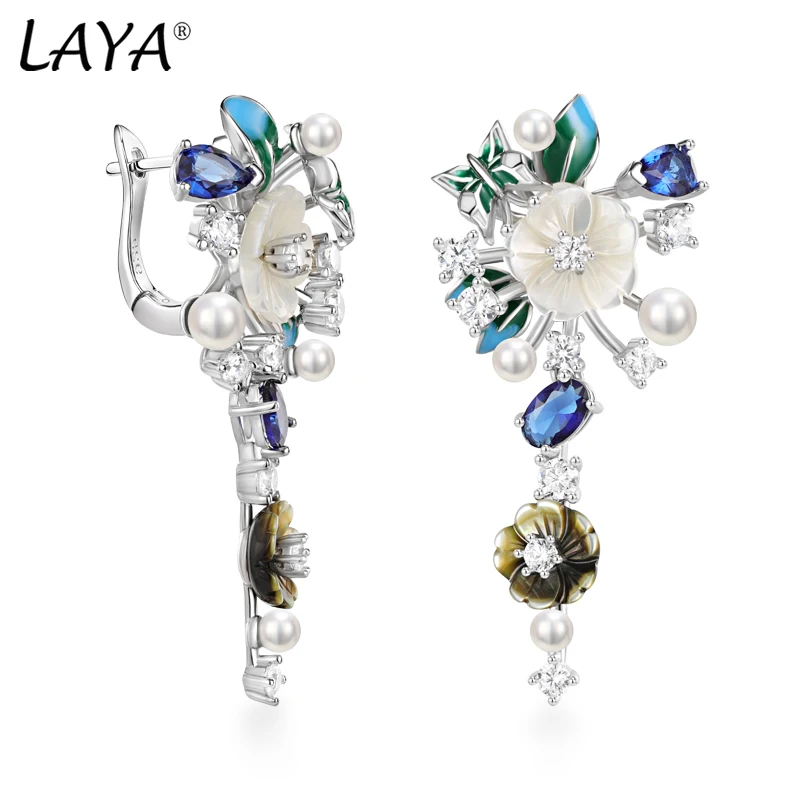 Laya 925 Sterling Silver Fashion Natural Shell Flower Green Leaf Enamel High Quality Zircon Earrings For Women Wedding Jewelry
